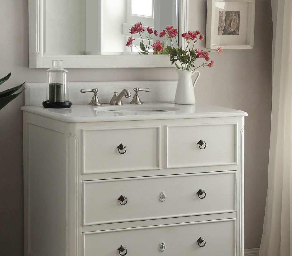 34 Inch Distressed Antique White Daleville Cottage Style Bathroom Sink Vanity