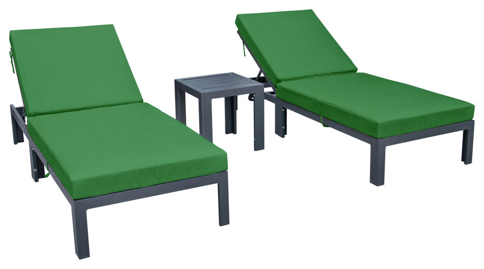 LeisureMod 3-Piece Chelsea Chaise Lounge Chair Set With Side Table, Green