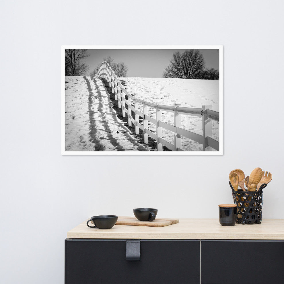 Endless Fences in Black & White Rural Landscape Framed Photo Paper Art Prints, White, 24" X 36"
