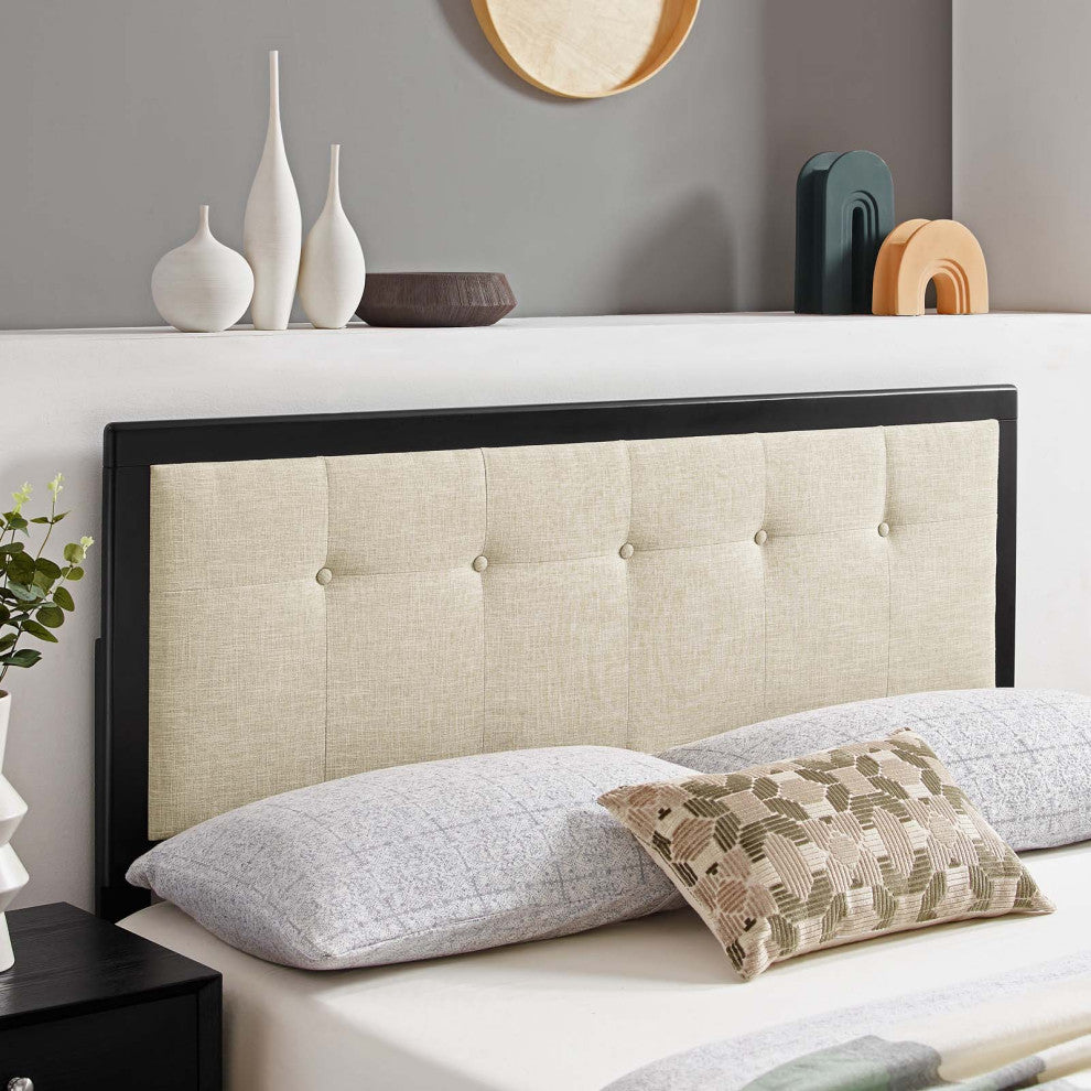 Tufted Headboard, Twin Size, Wood, Fabric, Black Beige, Modern Mid-Century