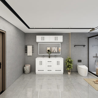 Victoria 60" Solid Wood Vanity Double Sink, Overhead Cabinet, Glossy White