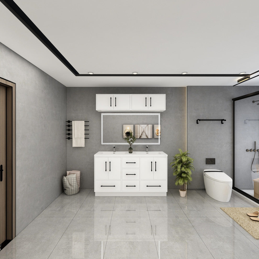 Victoria 60" Solid Wood Vanity Double Sink, Overhead Cabinet, Glossy White