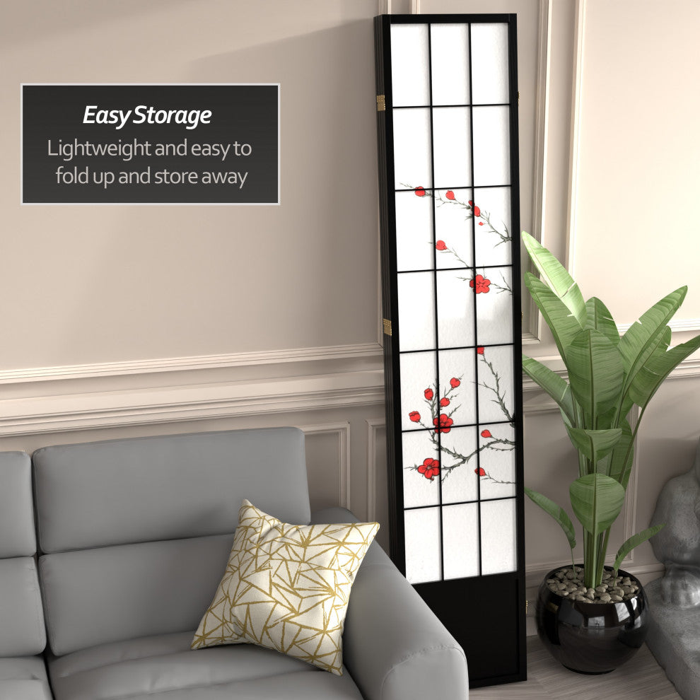 7' Tall Cherry Blossom Shoji Screen, Black, 4 Panels