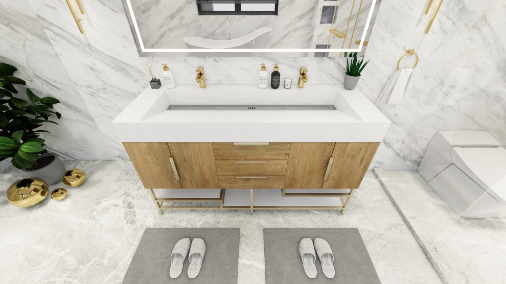 Madison 60" Free Standing Double Sink Vanity with Reinforced Acrylic Sink, Oak