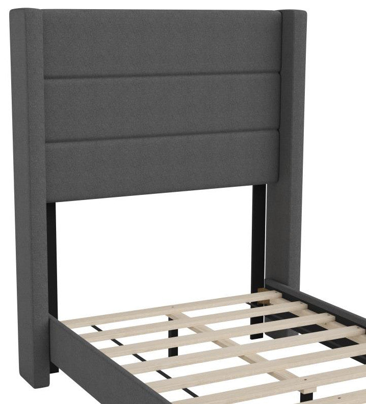 Hollis Upholstered Platform Bed with Wingback Headboard w/Mattress Foundation, Charcoal, Twin