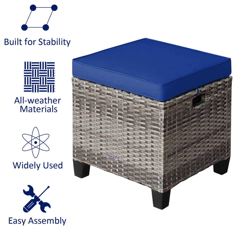 Costway 2PCS Patio Rattan Cushioned Ottoman Seat  Foot Rest Table Navy