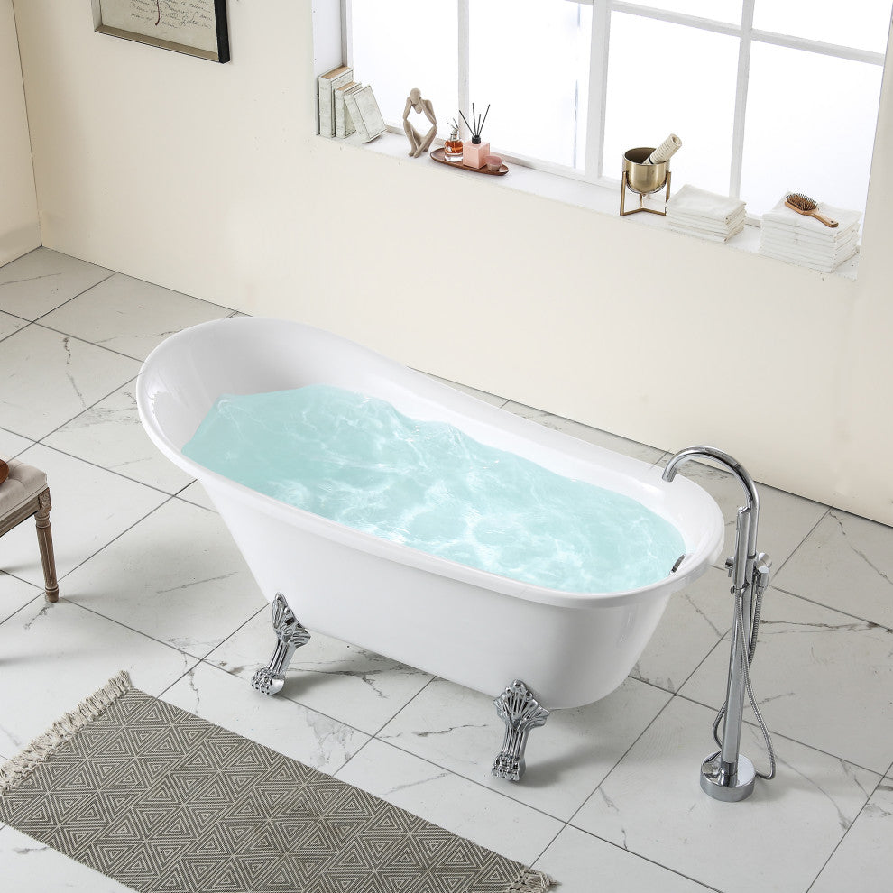 67 in. Acrylic Single Slipper Freestanding Clawfoot Soaking Bathtub in White