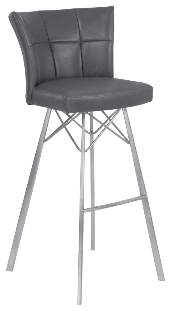 Spago 30" Bar Height Barstool In Gray Faux Leather, Brushed Stainless Steel