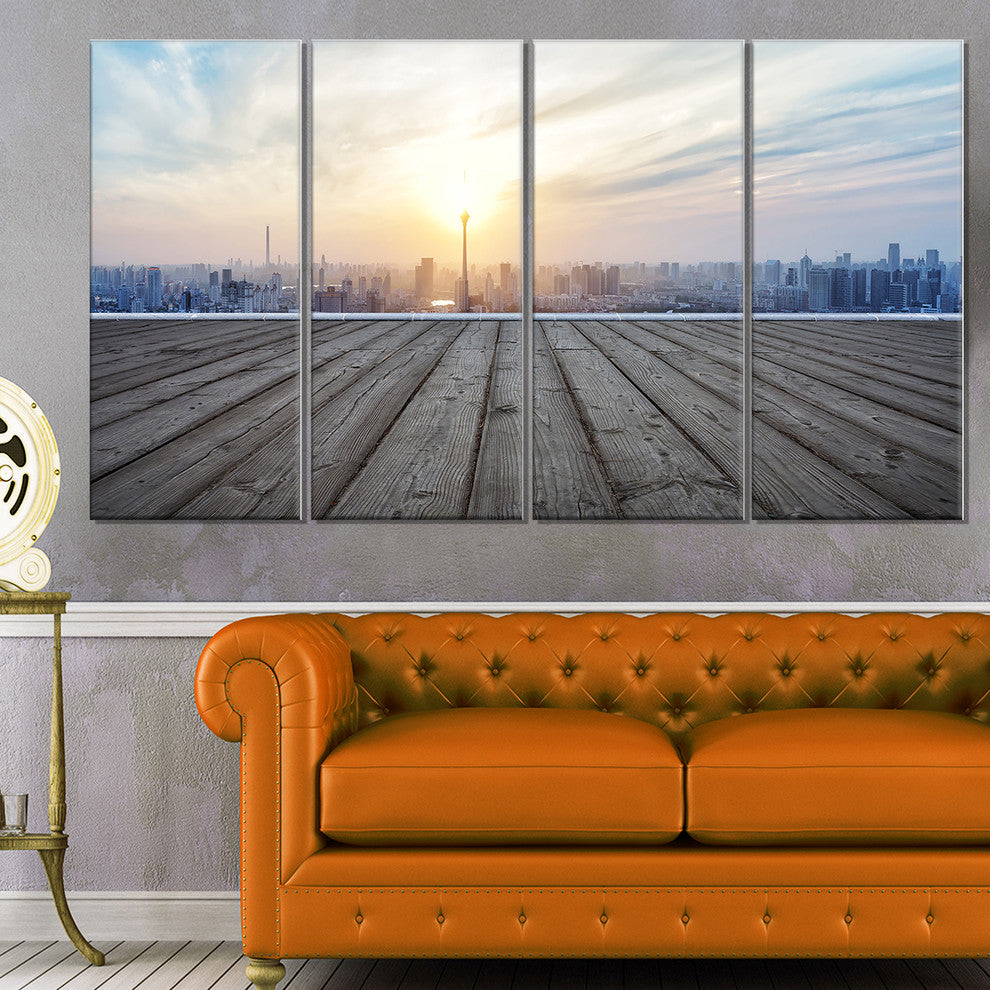 "Buildings With Empty Wooden Board" Landscape Wall Wall Art, 4 Panels, 48"x28"