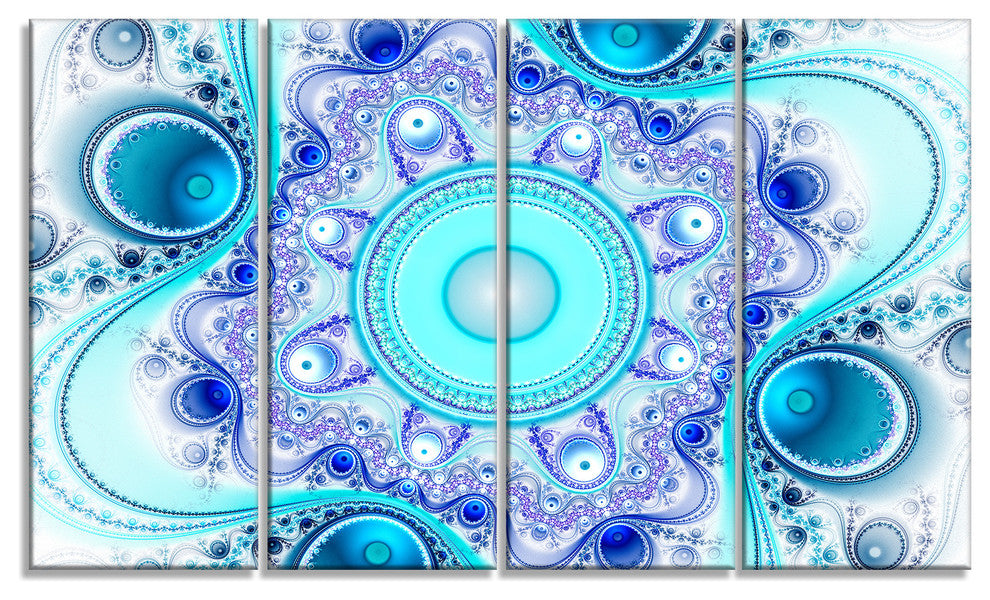 Turquoise Wavy Curves and Circles, Abstract Canvas Art Print, 48"x28", 4 Panels