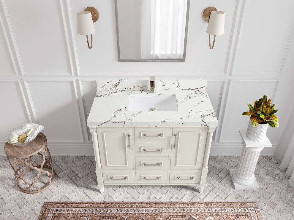 Aberdeen 42" Single Sink Bath Vanity, Alabaster 2" Viola Brown