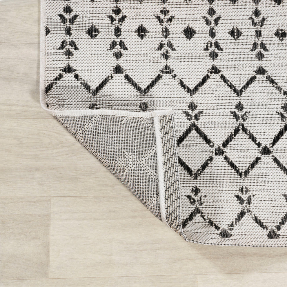 Ourika Moroccan Geometric Indoor/Outdoor Rug, Cream/Black, 5' Square