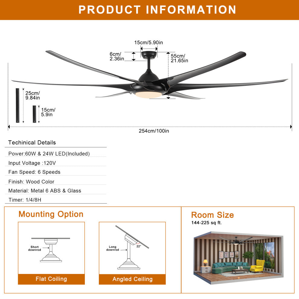 100" ABS Ceiling Fans With Lights And Remote, Black