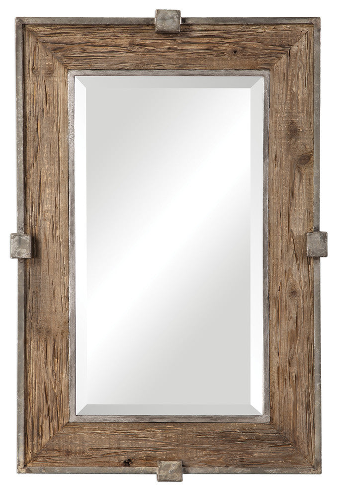 Rustic Weathered Reclaimed Wood Iron Wall Mirror, 37" Vanity Industrial Cottage