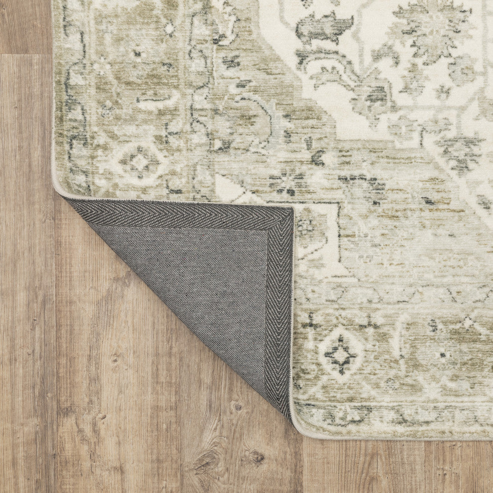 Sanjay Star Medallion Distressed Beige/Ivory Microfiber Area Rug, 5'3"x7'3"