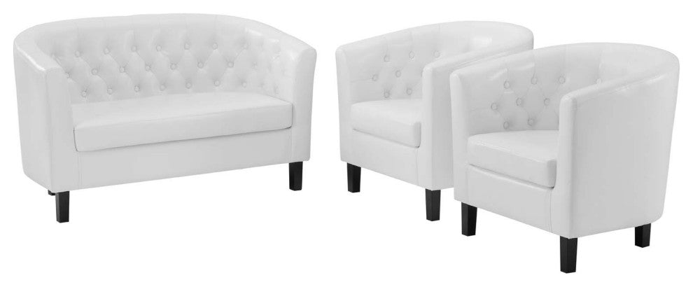 Tufted Armchair and Loveseat Sofa Set, Faux Leather, White, Modern, Lounge