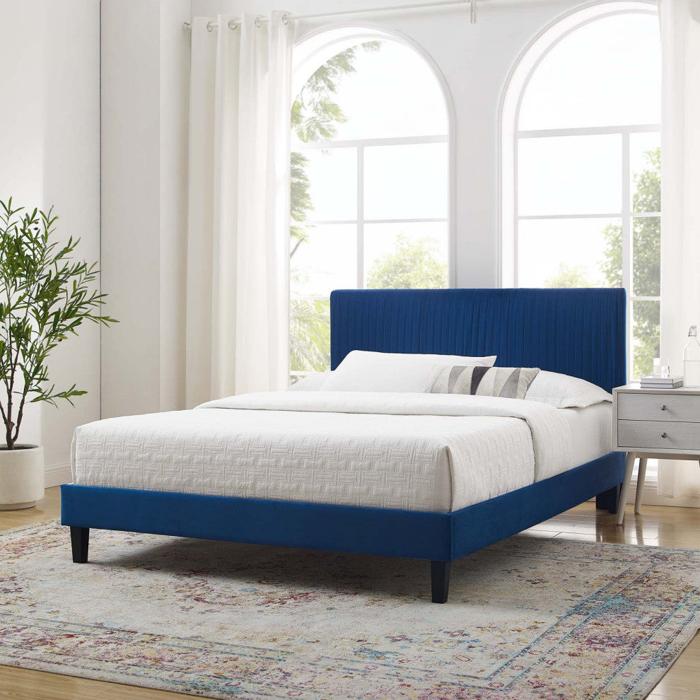 Platform Bed Frame, King Size, Velvet, Blue Navy, Modern Contemporary, Bedroom