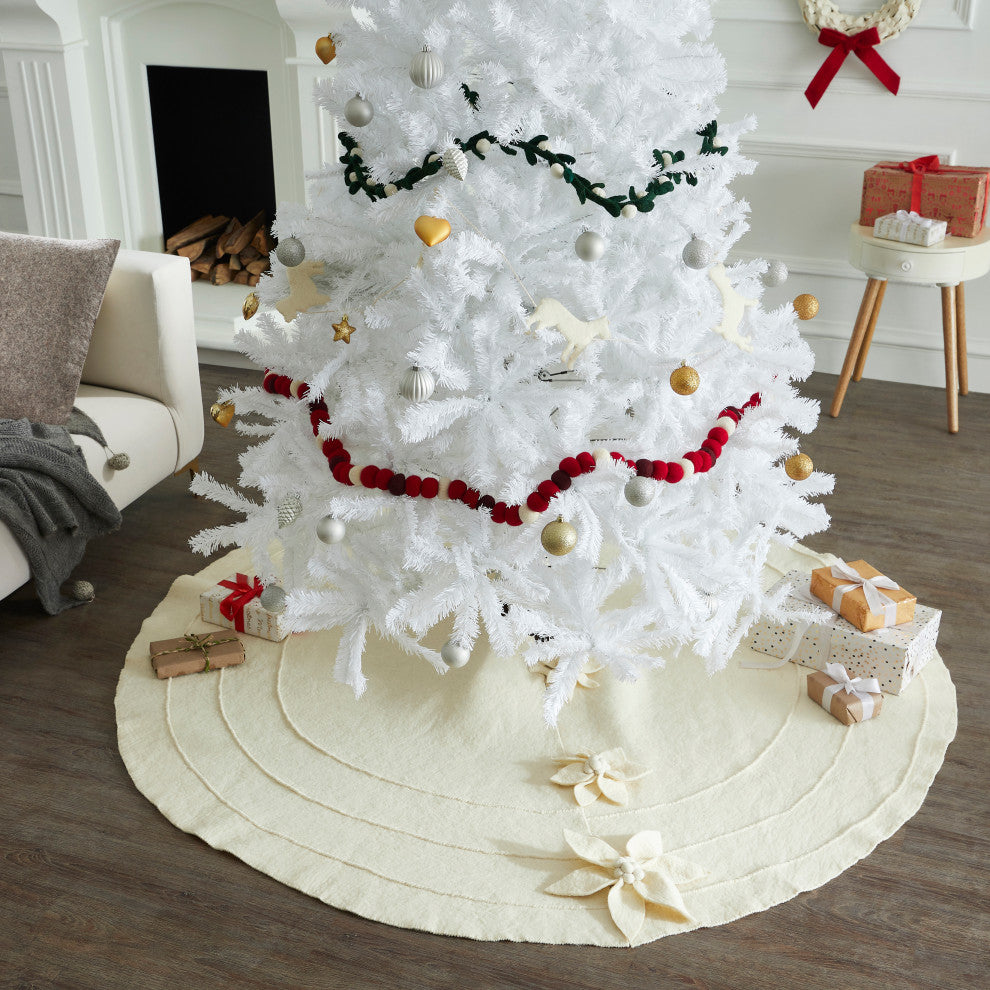 Felted Wool Poinsettia Button Tree Skirt White