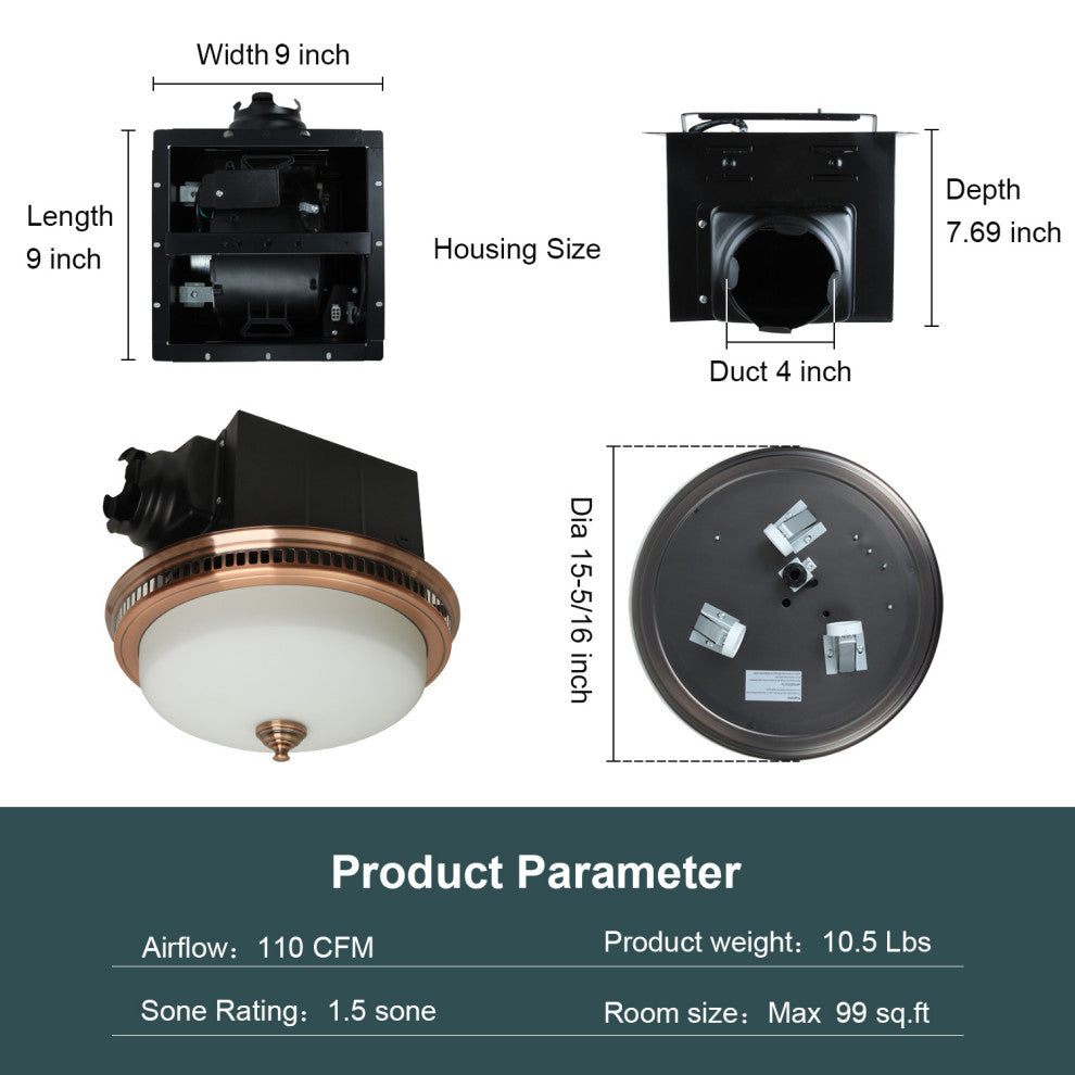 Bathroom Exhaust Fan  LED Light and Nightlight 110CFM 1.5 Sone Antique Copper
