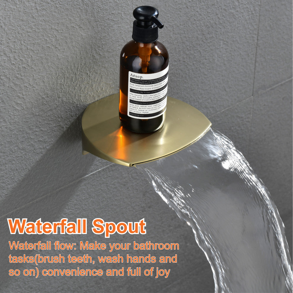 Waterfall Tub Spout Shower System, Handheld Shower Head, Brushed Gold