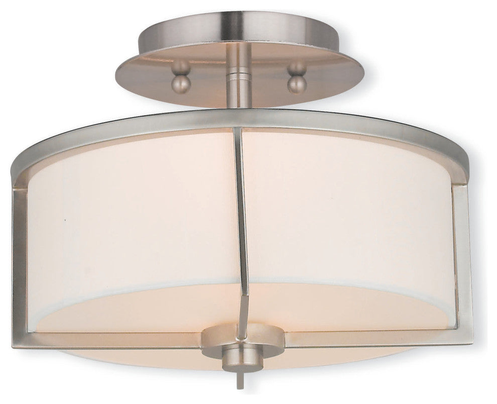 Ceiling Mount With Handcrafted Off-White Fabric Hardback Shade, Brushed Nickel