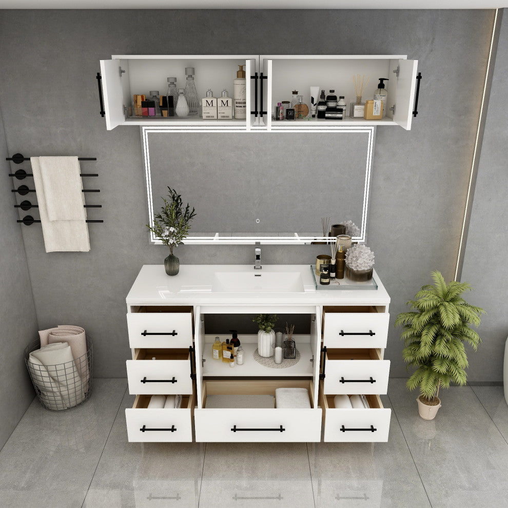 Victoria 60" Solid Wood Vanity Single Sink, Overhead Cabinet, Glossy White