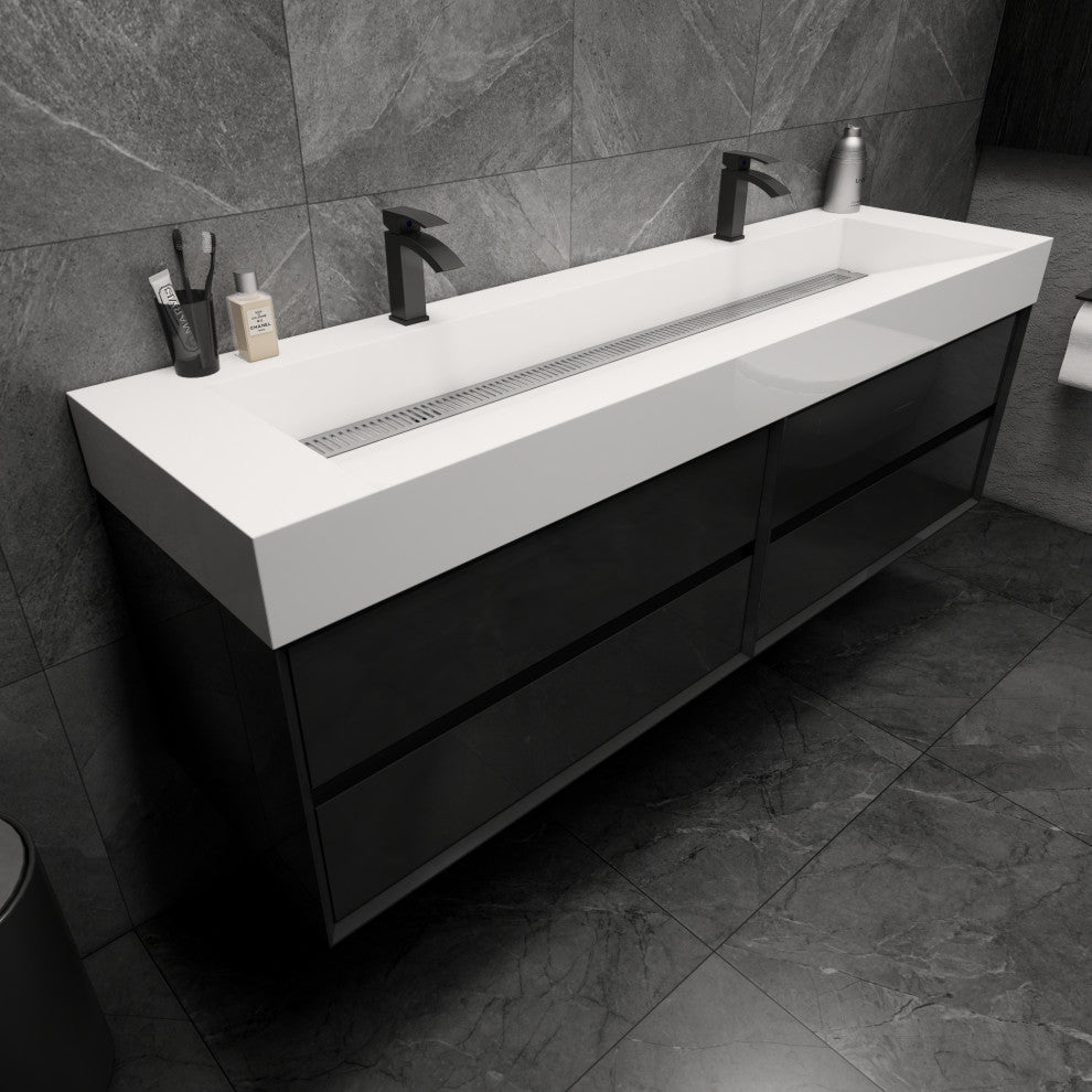 MAX 72" Double Floating Bath Vanity With Acrylic Sink, Gloss Black