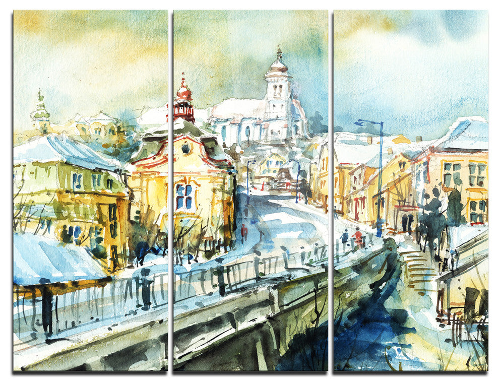 "City of Churches Watercolor" Painting Metal Wall Art, 3 Panels, 36"x28"