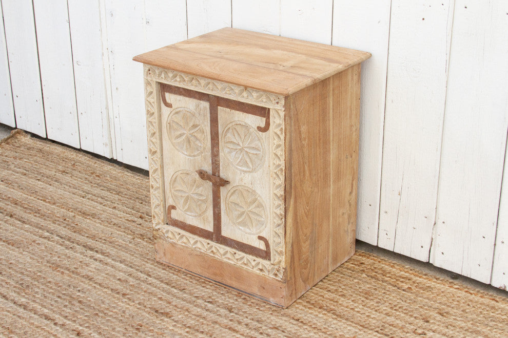 Small Bleached Wood Carved Nightstand