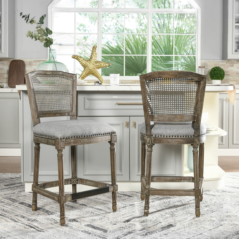 Triomphe 26.5" Oak Rattan Wicker Counter Stool, Heathered Gray Linen