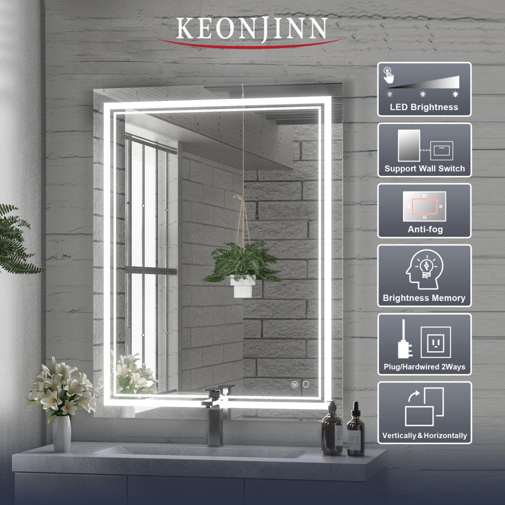 LED Bathroom Mirror, Anti-Fog Memory Dimmable IP54 Waterproof, 28"x36"