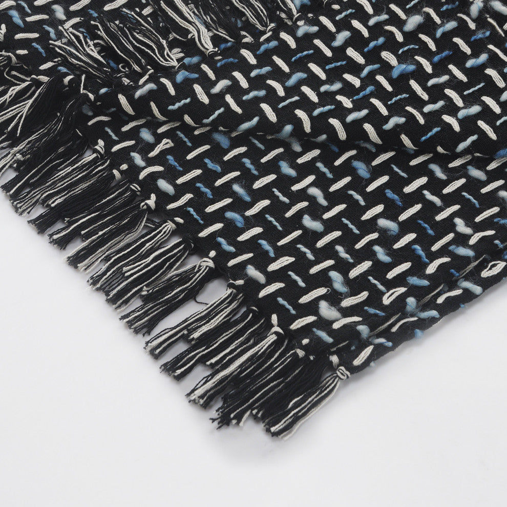 Modern Interwoven Throw Blanket with Fringe, Black/Blue/White