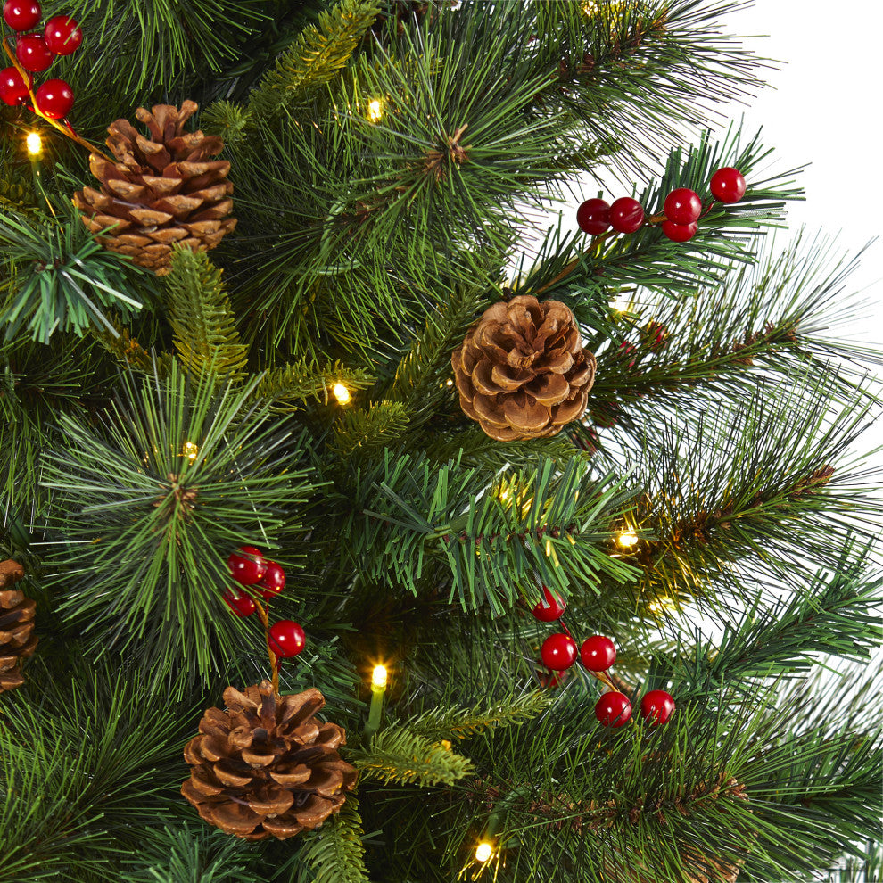 5' Mixed Pine Faux Xmas Tree With 150 Clear LED Lights, Pine Cones and Berries