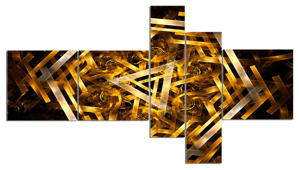 Fractal 3D Yellowish Hexagon, Abstract Canvas Art Print, 60"x32", 5 panels