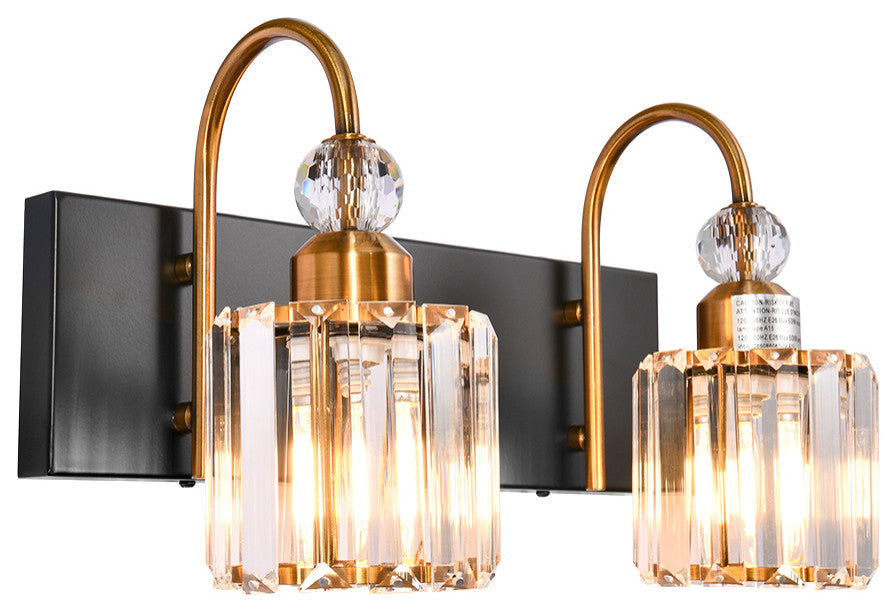 Dimmable Vanity Light With Crystal Accents, Black/Gold, 2 Light