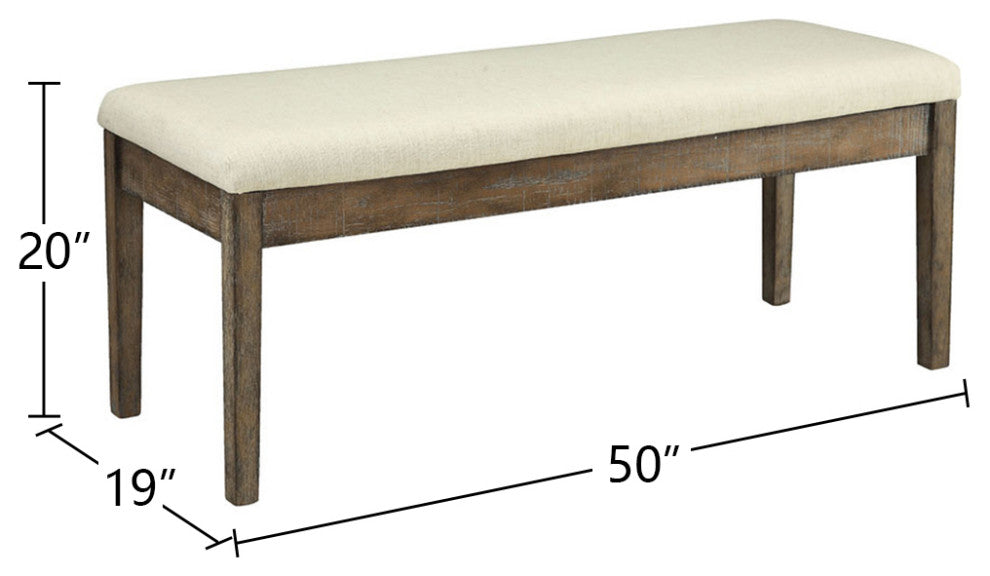 Beige Linen Dining Bench, Salvage Brown Finish