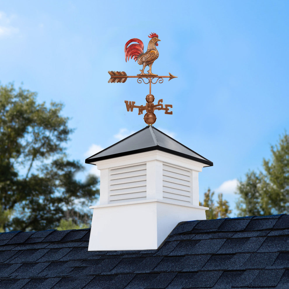 30" Manchester Vinyl Cupola With Copper Bantam Red Rooster Weathervane
