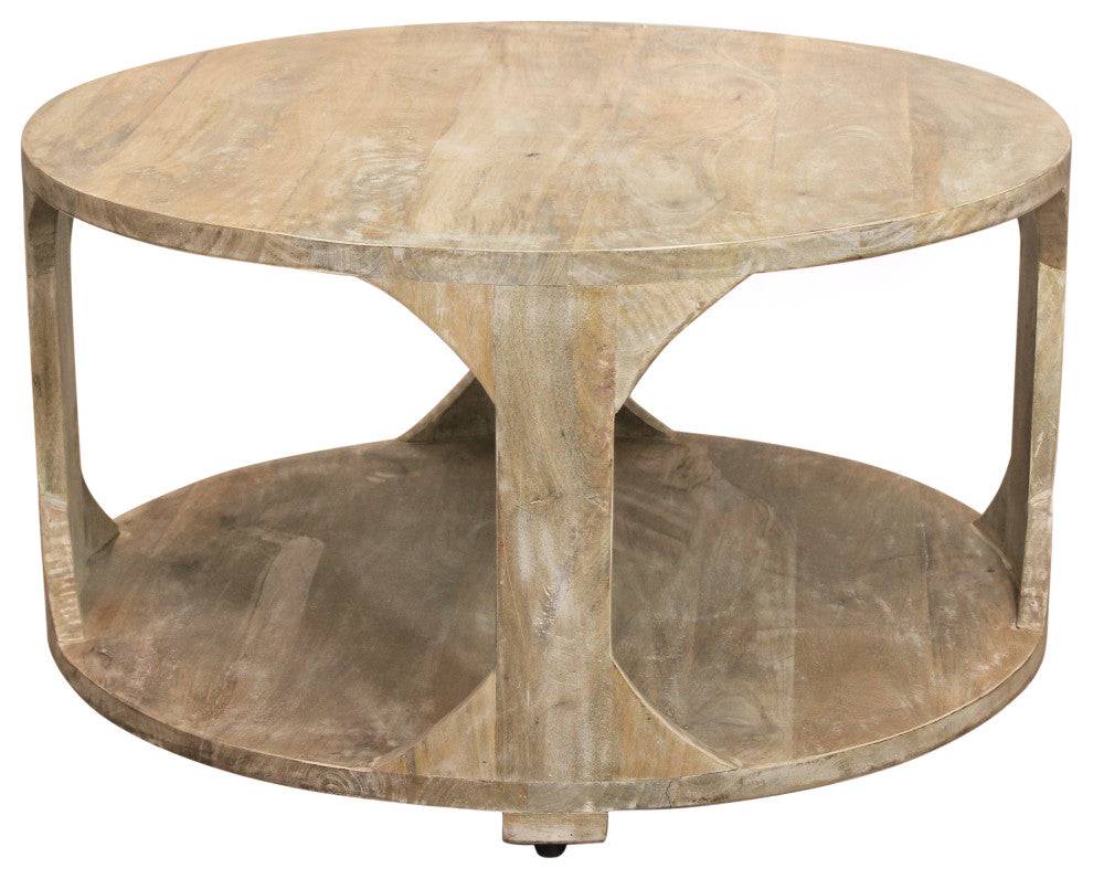 Jenna Coastal Round Cocktail Table With Shelves, Natural Solid Wood