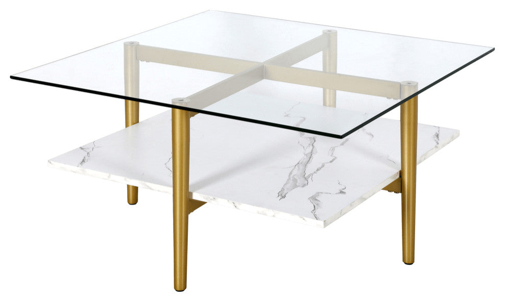 32" White And Gold Glass And Steel Square Coffee Table With Shelf