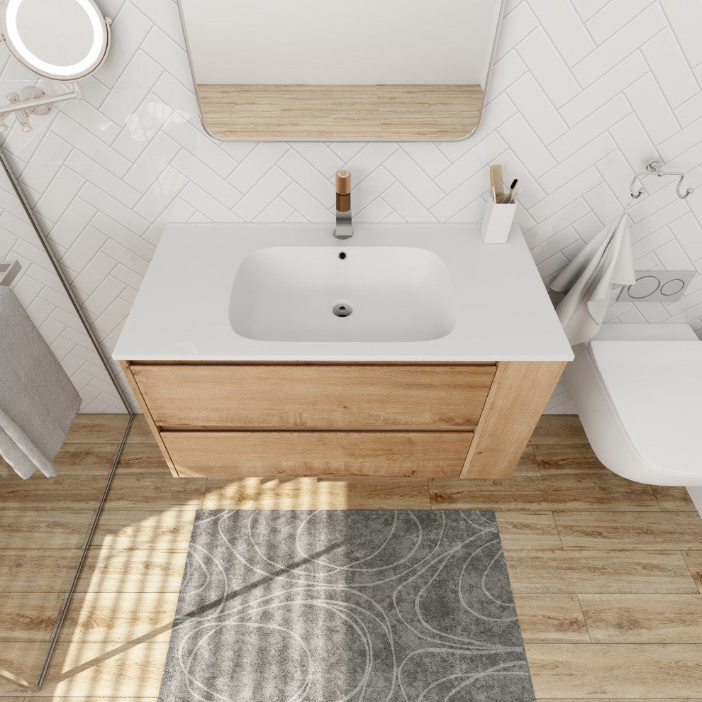 36" Plywood Wall Mounted Bath Vanity Set, Imitative Oak, Gel Basin