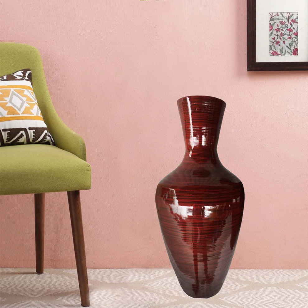 HomeRoots 29.5" Red Lacquer Spun Bamboo Floor Vase