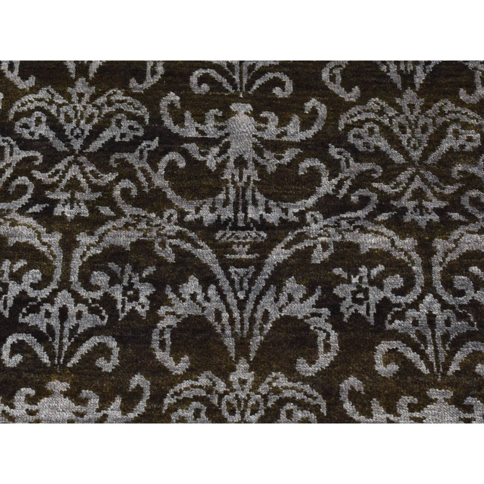 Green Abarasque Motif Design Wool and Silk Hand Knotted Runner Rug 2'4"x9'8"