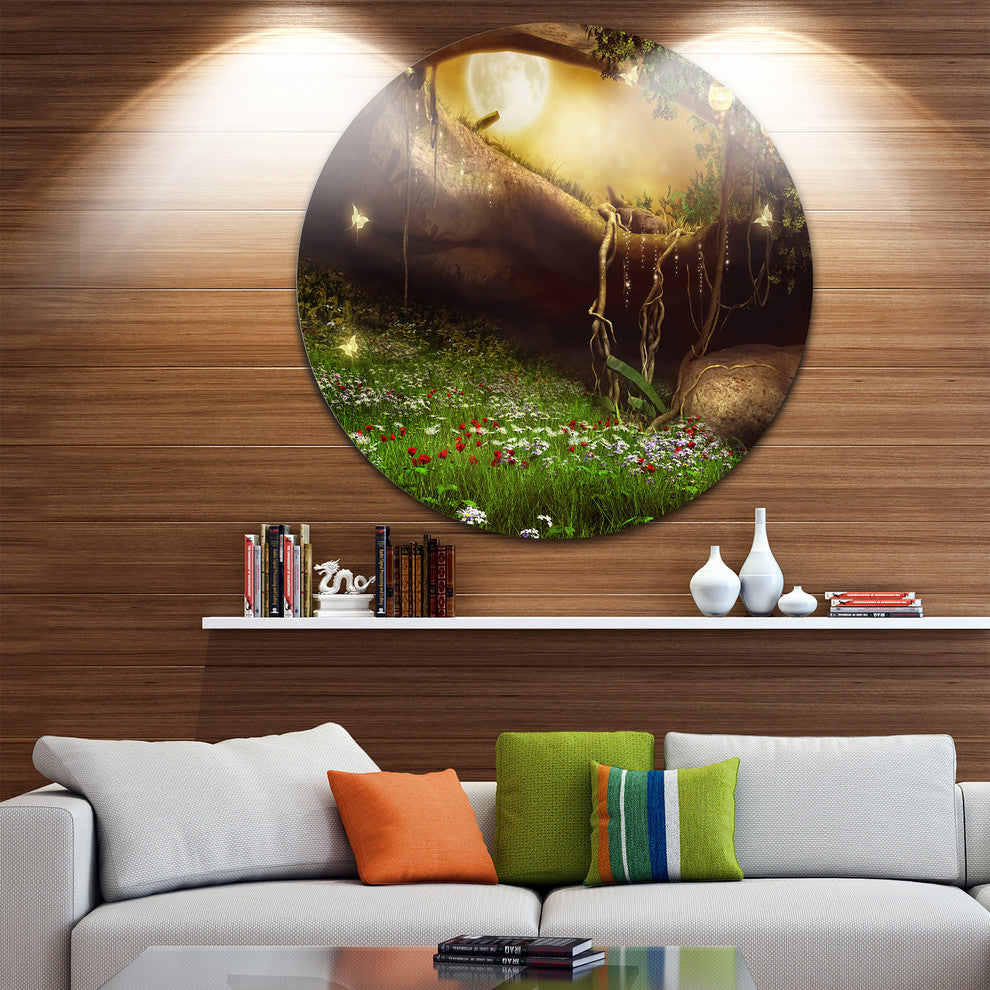 Enchanted Cave With Flowers, Landscape Digital Disc Metal Artwork, 11"