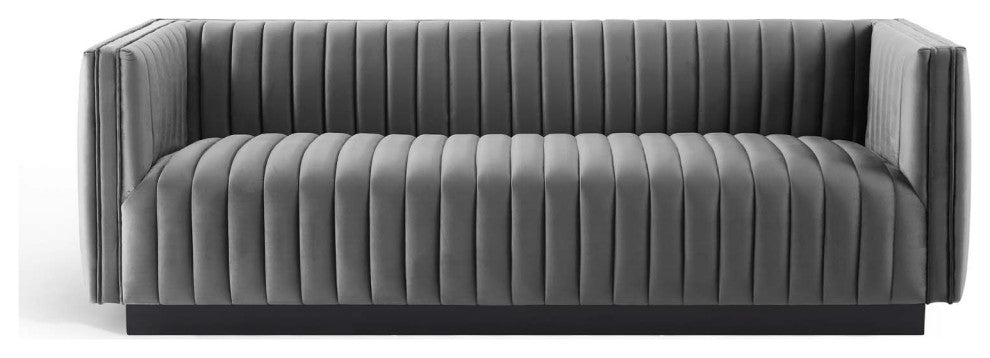Tufted Sofa, Velvet, Gray, Modern, Living Lounge Hotel Lobby Hospitality