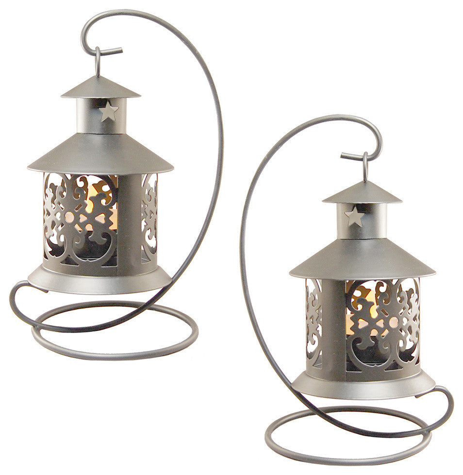 Metal Tabletop Lanterns, Silver, Set of 2