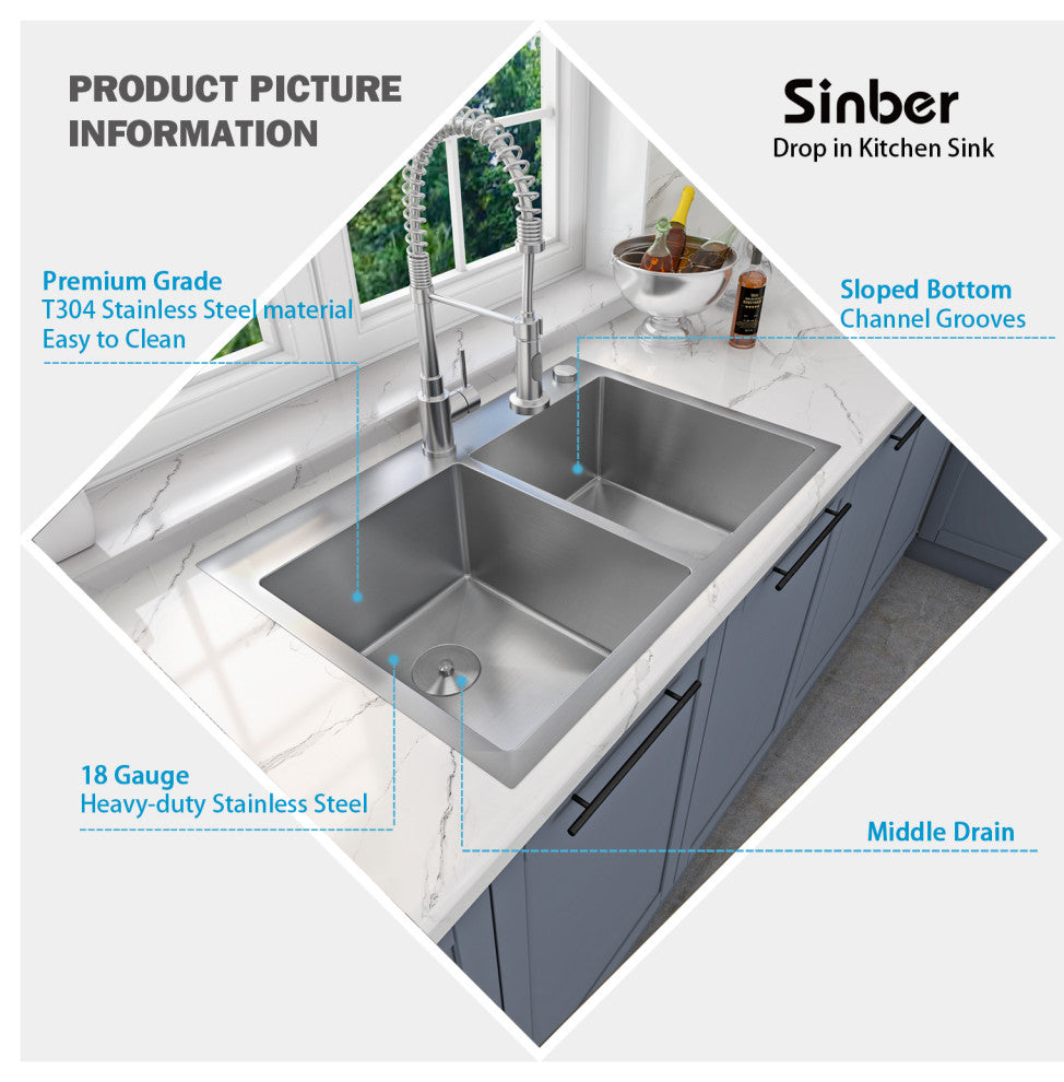 Sinber Double Bowl Kitchen Sink with 304 Stainless Steel Satin Finish, 33"x22"x9", Drop in