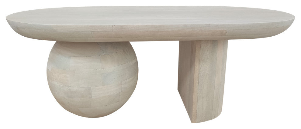 38" Coffee Table Oblong Mango Wood Top With a Modern Ball Leg Washed White