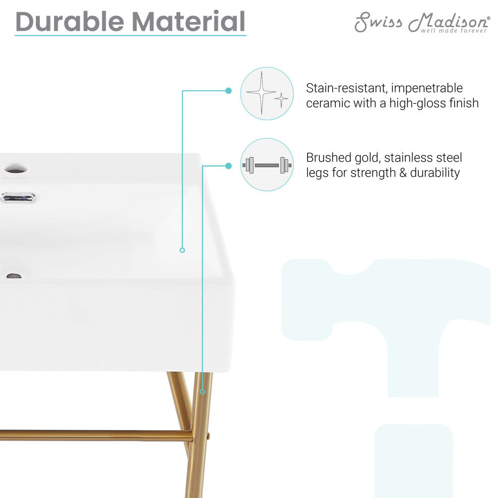Claire 24" Ceramic Console Sink White Basin Gold Legs, Brushed Gold