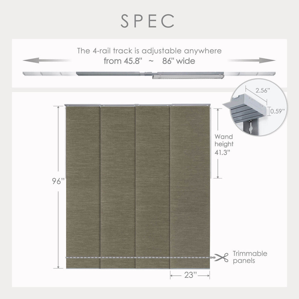Adjustable Sliding Panel Track Blind 45.8"-86" W x 96" L, Zen, Peppercorn