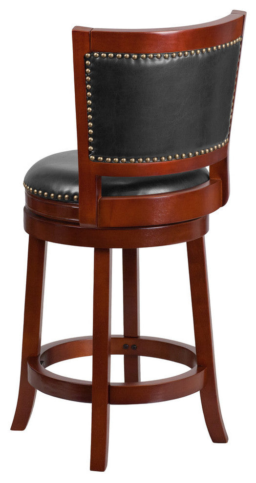 26" High Dark Cherry Wood Counter Stool With Walnut Leather Swivel Seat